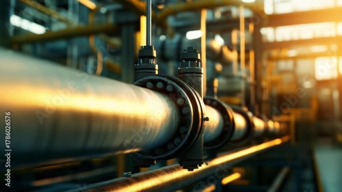 Industrial Pipeline Network: A network of industrial pipelines winds through a metallic environment, bathed in the glow of daylight.