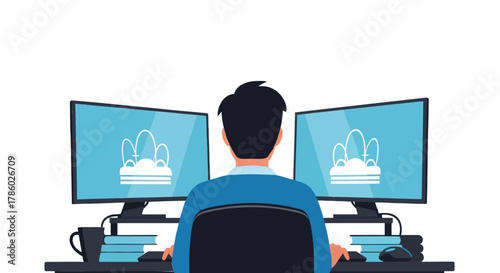Man working at a desk with dual monitors displaying cloud icons representing digital technology and remote work