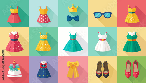 Collection of colorful dresses, accessories, and shoes arranged on a grid with long shadows.