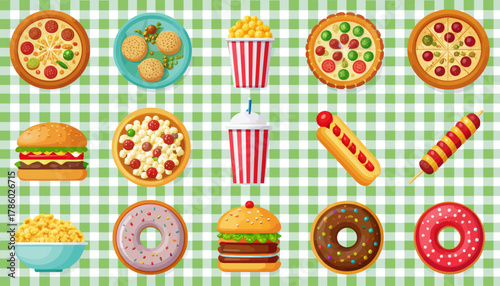 A vibrant collection of delicious fast food items arranged on a green and white checkered background.