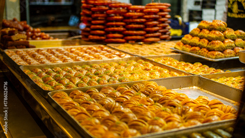 Baklava presentation in a dessert shop's window