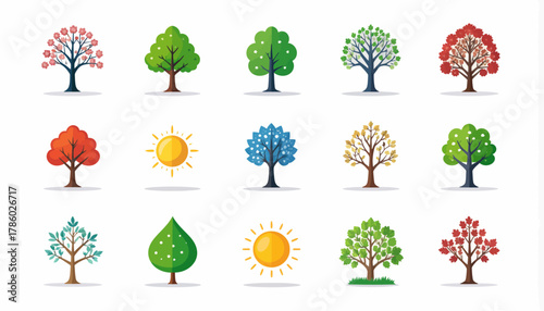 Collection of trees and suns in various styles and colors.