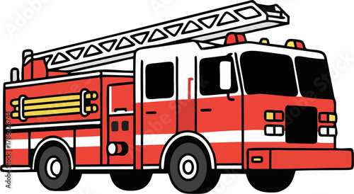 Modern Fire Truck Ladder Vector – Detailed Side View Emergency Vehicle