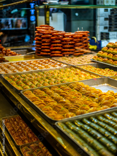 Baklava presentation in a dessert shop's window