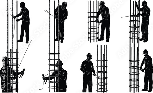Silhouette vector illustration of construction workers tying rebar for concrete structure, measuring, cutting, securing steel bars, teamwork, safety, tools, labor, industry
