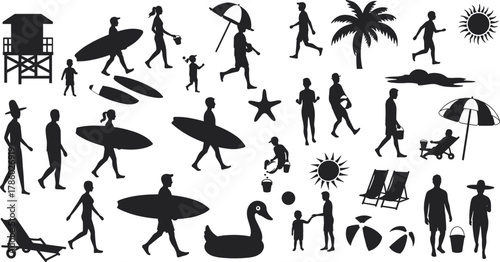 Beach activity silhouette collection, tropical vacation vector illustration, people surfing walking relaxing, summer leisure icons, coastal lifestyle design, black silhouette art set