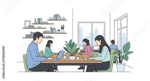 Diverse group of people working together collaboratively in a modern open plan office environment using laptops and computers