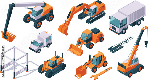 Isometric illustration of construction vehicles and heavy machinery including excavator, bulldozer, crane, forklift, dump truck, and tools set