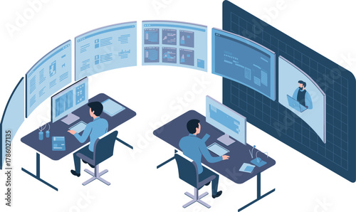 Isometric illustration of cybersecurity operations center with professionals monitoring multiple screens, data analytics, digital security, and system protection technology