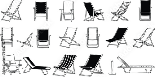 Beach and lounge chair silhouettes with varied designs and reclining angles vector illustration for summer vacation, tourism, leisure, holiday travel lifestyle inspiration content