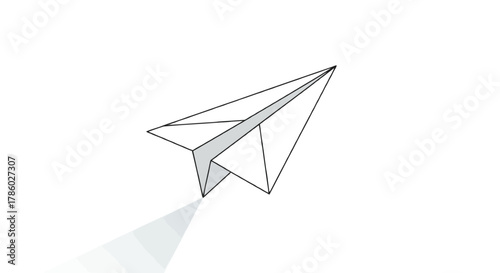 A minimalist graphic of a white paper airplane with a gray shadow flying against a clean white background