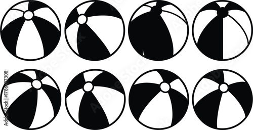Beach ball silhouettes with alternating black and white segments, summer vacation vector illustration for leisure, tourism, holiday travel lifestyle, beach play design inspiration