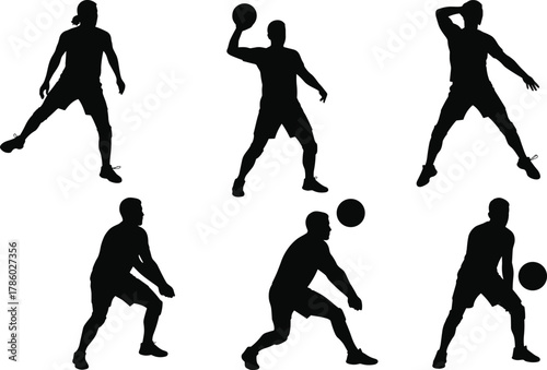 Basketball player silhouette collection, dynamic sports poses vector illustration, dribbling shooting passing actions, athletic movement design, black silhouette art, training and game concept