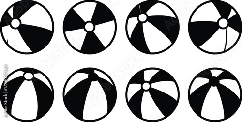 Beach ball silhouettes with varied black and white segment patterns vector illustration for summer vacation, tourism, leisure, holiday travel lifestyle, outdoor play design inspiration