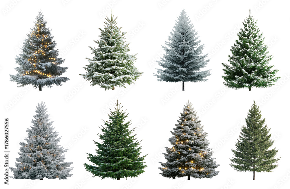 Fototapeta premium PNG Festive snowy Christmas trees, element set on transparent background