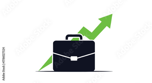 Business growth concept with a black briefcase and a bright green upward trending arrow symbolizing success and progress
