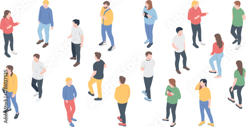 Isometric illustration of diverse people standing, walking, and talking in casual outfits, social interaction and communication concept on white background