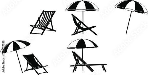 Beach umbrella and chair silhouettes, summer vacation vector illustration, outdoor leisure furniture design, seaside relaxation elements, holiday resort artwork, black silhouette style