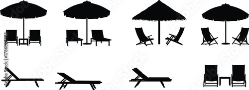 Beach umbrella silhouettes with lounge chairs, poolside furniture vector illustration, outdoor seating arrangements, summer relaxation design, vacation resort elements, black silhouette artwork
