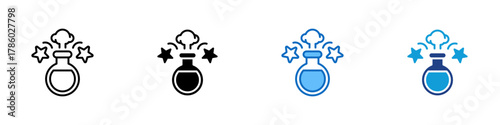 Chemical Reaction Multiple Style Icon Design Vector - flask with bubbles and stars representing a chemical reaction, experiment, or scientific discovery