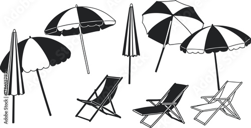 Beach umbrella vector illustration, lounge chair silhouettes, summer vacation design, outdoor leisure elements, poolside relaxation icons, holiday resort furniture, black and white