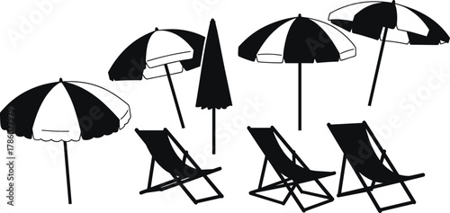 Black and white beach umbrellas and chairs vector illustration, summer vacation relaxation concept, seaside leisure furniture, outdoor holiday equipment, graphic design elements