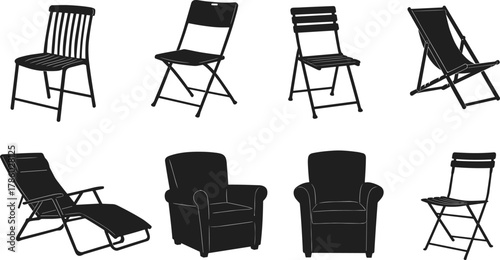 Chair silhouettes featuring dining, folding, lounge, and armchair designs vector illustration for furniture, interior design, lifestyle, home decor inspiration content