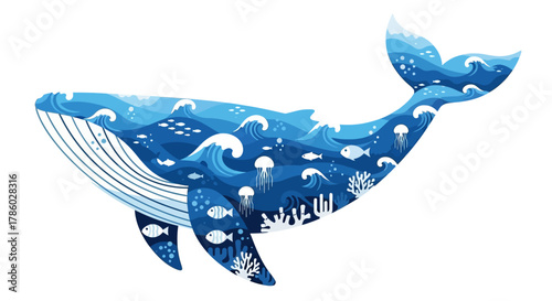 Artistic blue whale silhouette with a double exposure ocean scene.