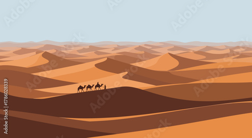 Camels walking across vast desert sand dunes under a clear sky.