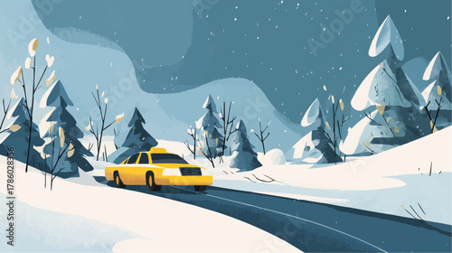 Yellow taxi driving on a snowy winter road, simple flat vector for packaging, poster or children’s decor, clean bold shapes and friendly composition