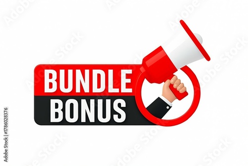 Megaphone announcing a special bundle bonus offer with a hand holding the megaphone and a red circle indicating a deal