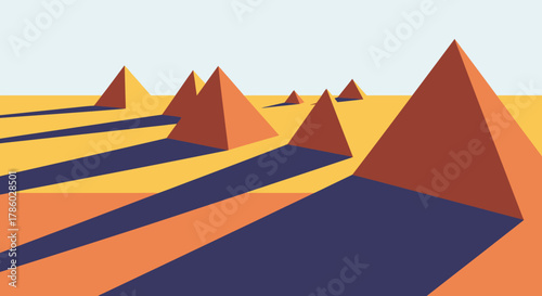 Egyptian Pyramids in the Desert Landscape with Long Shadows.