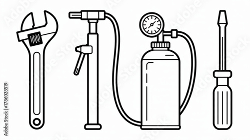 Set of outline repair tools including wrench pump and screwdriver simple vector illustration for maintenance and service
