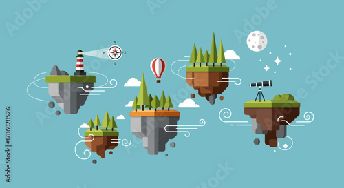 Floating Islands with Lighthouse, Trees, and Telescope in the Sky.