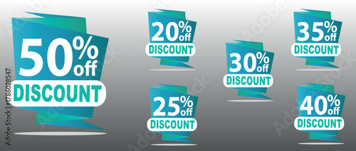 Discount Tags Vector Set, Popup Sale Banner, 50, 35, 30, 25, 40, 20 Off, Teal Blue EPS Design