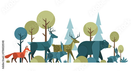 Forest Animals Walking Together In A Stylized Landscape.