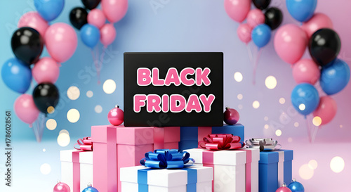 Festive Black Friday Sale Background with Gift Boxes, Balloons, and Decorative Ornaments