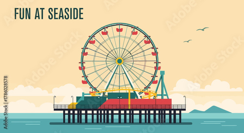 Fun at Seaside Ferris Wheel Amusement Park Pier.