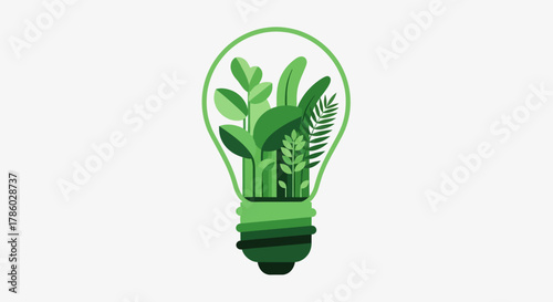 Green Energy Concept - Lightbulb with Lush Plants Inside.