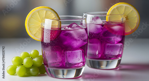 Refreshing grape juice with lemon slices served in clear glass with ice cubes vibrant purple beverage accompanied by fresh grapes on bright background