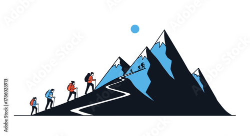 Hikers Ascending a Winding Mountain Path Under a Clear Sky.