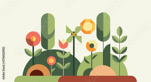 Minimalist Garden Scene with Stylized Plants and Flowers.