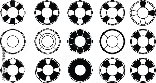 Lifebuoy icon collection, circular rescue ring silhouettes, nautical safety vector illustration, black and white art, maritime symbol set, rescue equipment design concept