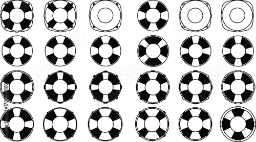 Lifebuoy silhouette collection, circular and square life preserver vector illustration, nautical safety design, black and white art, rescue equipment set, maritime concept