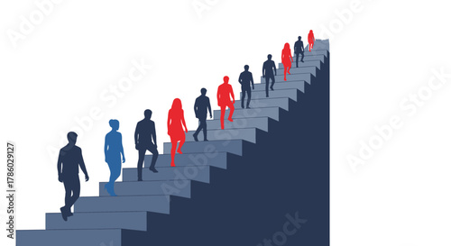 People climbing stairs symbolizing progress and success.