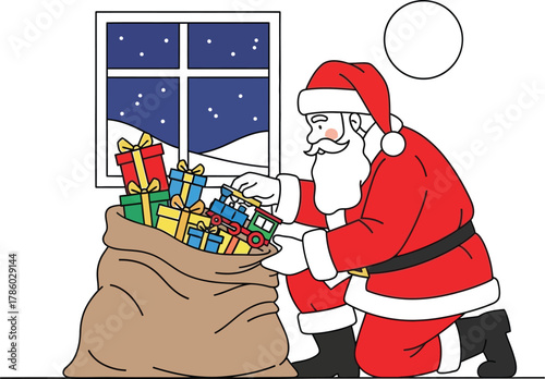 Santa claus putting gifts into a sack on christmas eve with a snowy background