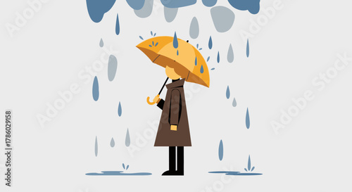 Person with yellow umbrella standing in the rain, minimalist illustration.