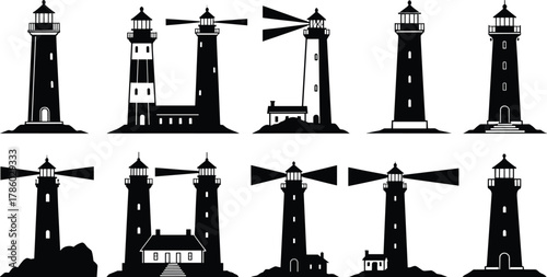 Lighthouse silhouettes with varied architectural designs and light beams vector illustration for maritime navigation, coastal tourism, ocean safety, seaside vacation, nautical design inspiration