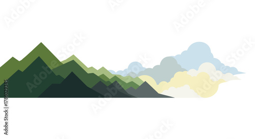 Stylized green mountain range with distant clouds illustration.
