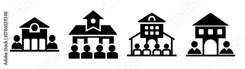 Church building silhouette vector illustration featuring people congregation and religious architecture